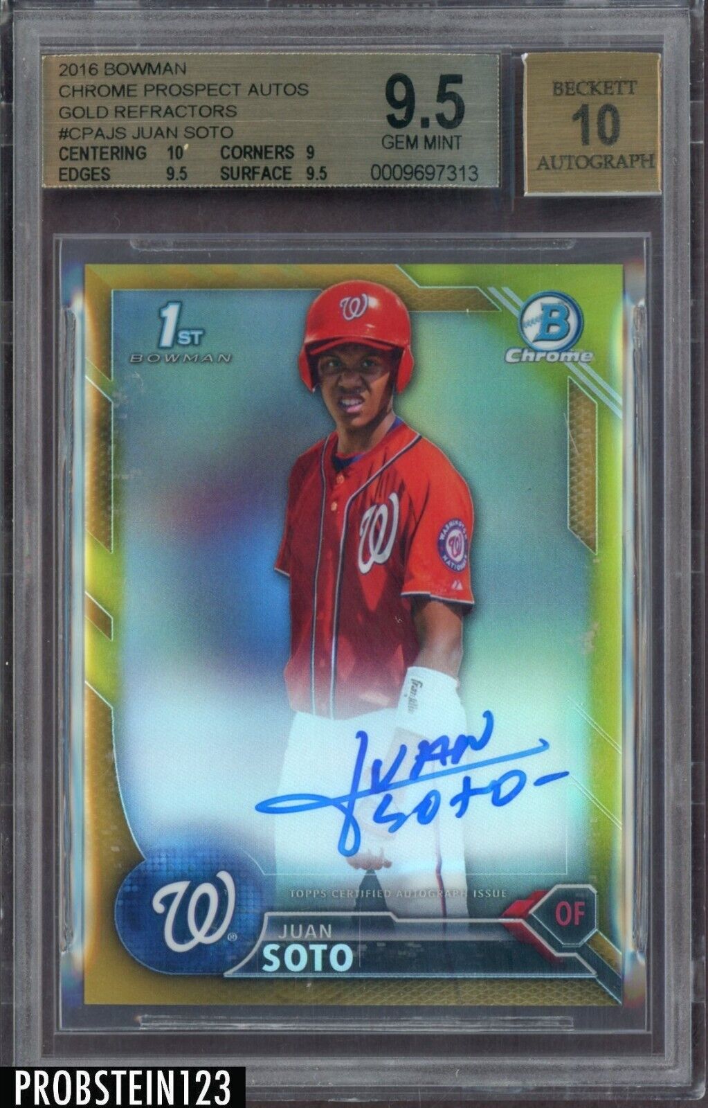 2016 Bowman Chrome Prospect Auto Red Shimmer 09/10 Juan Soto PSA 9